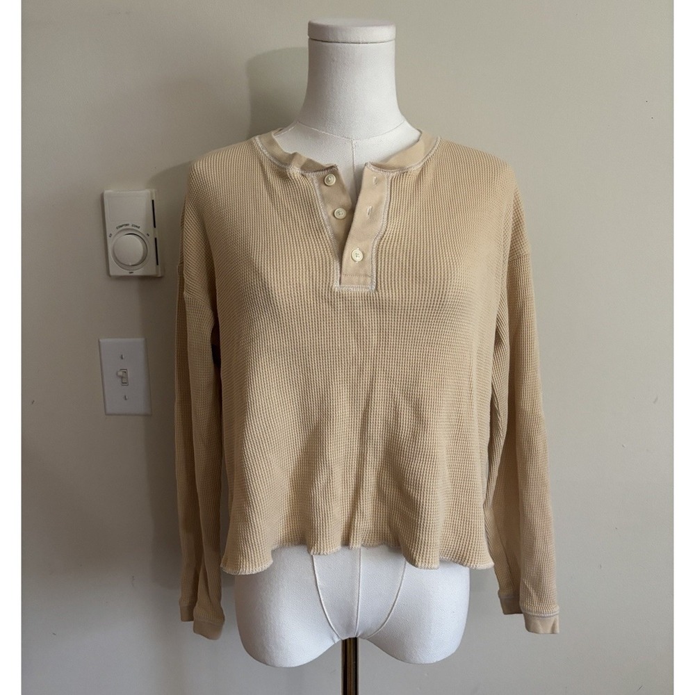 Everlane Thermal Henley Waffle Knit Top Tan Beige Neutral Cozy Cotton Comfort Sm
